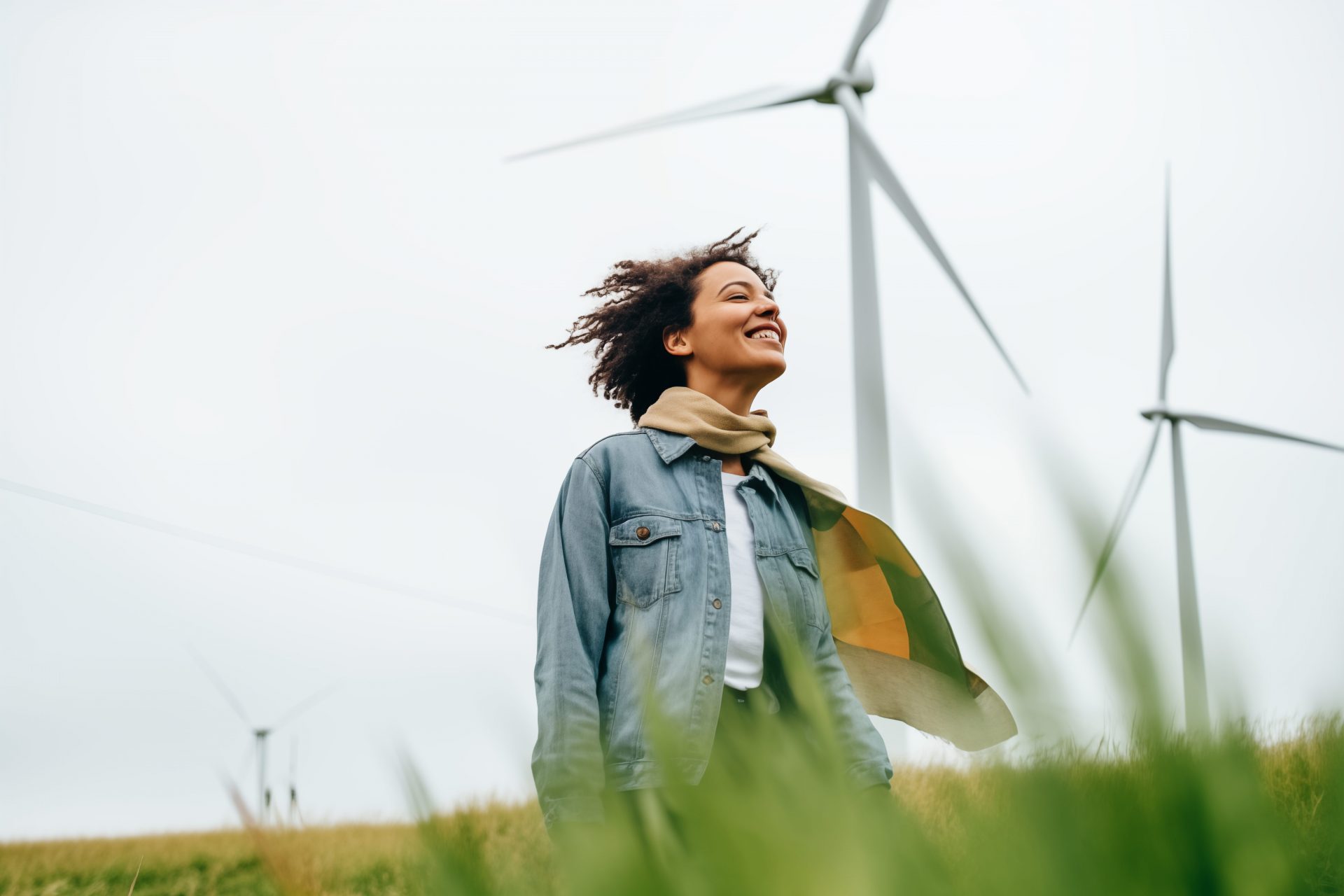 Una mujer joven está de pie en un parque eólico, el viento sopla su bufanda alrededor de sus hombros y en su pelo, varias turbinas eólicas en el fondo.