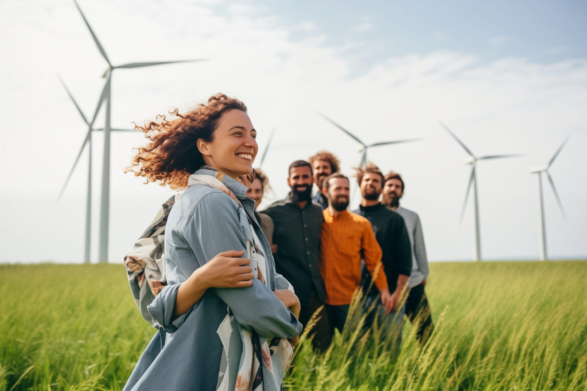 Un grupo de personas sonrientes en un campo verde, con turbinas eólicas al fondo.